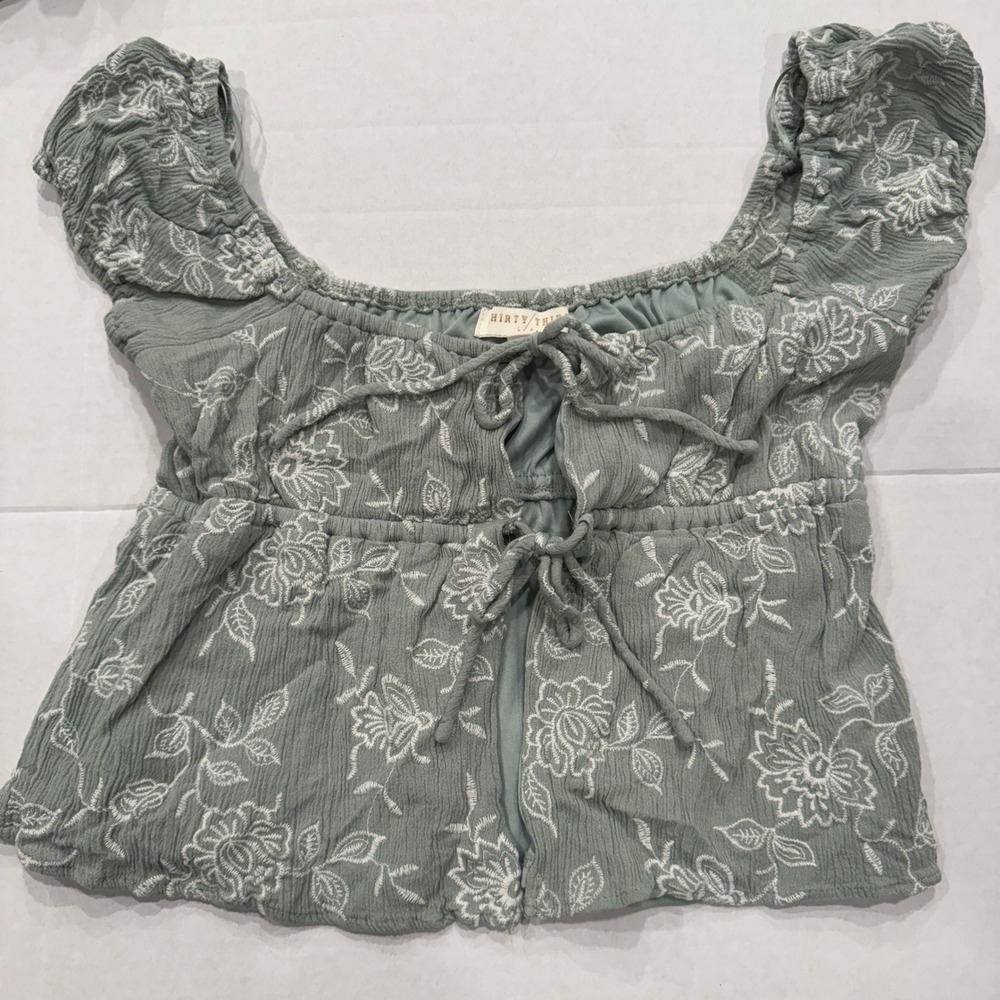 THIRTY THIRTY Sage Green Floral Puff‎ Sleeve babydoll Crop Top L fairy garden